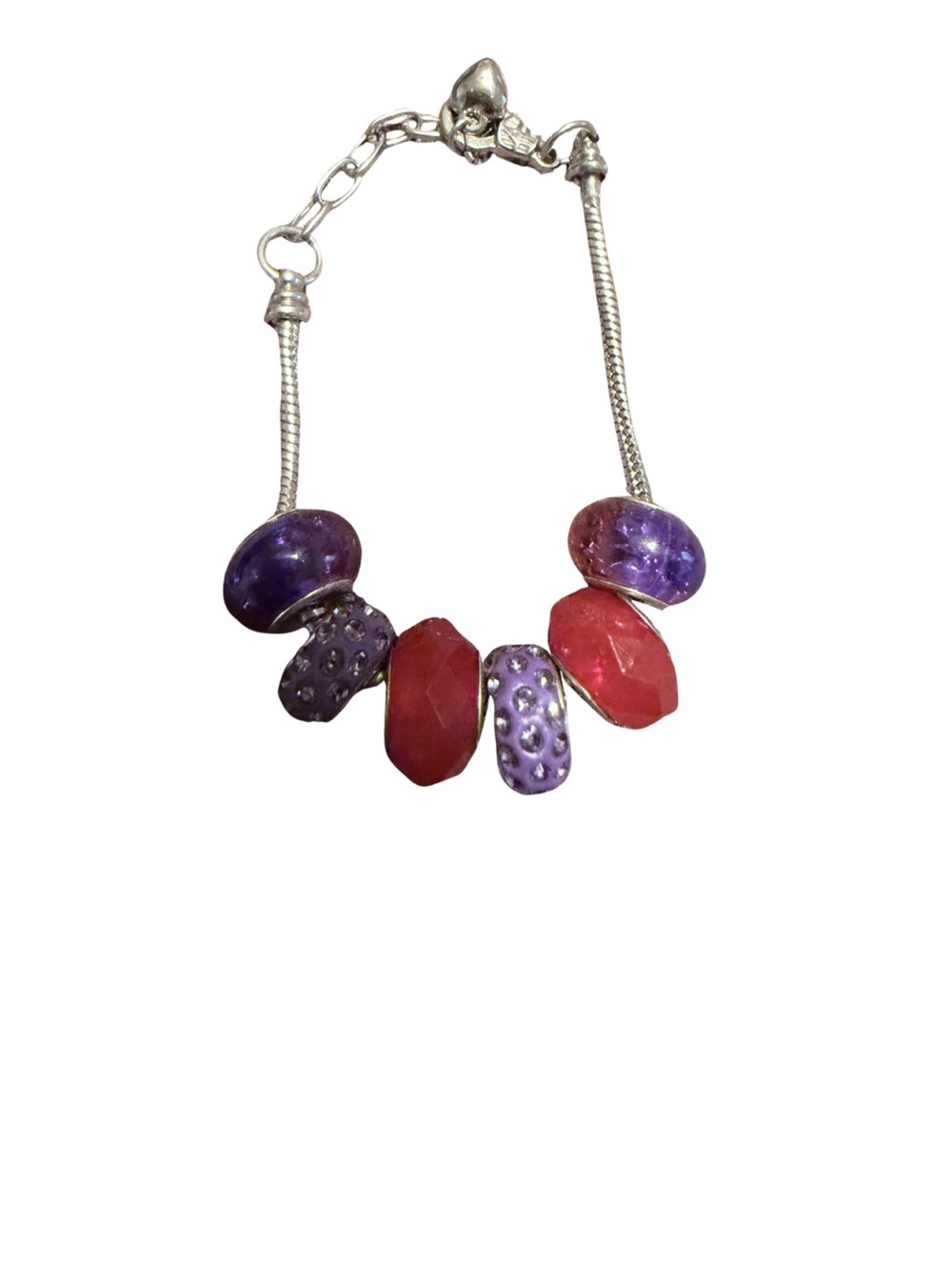 Silver Charm Bracelet with Purple and Red Glass Beads
